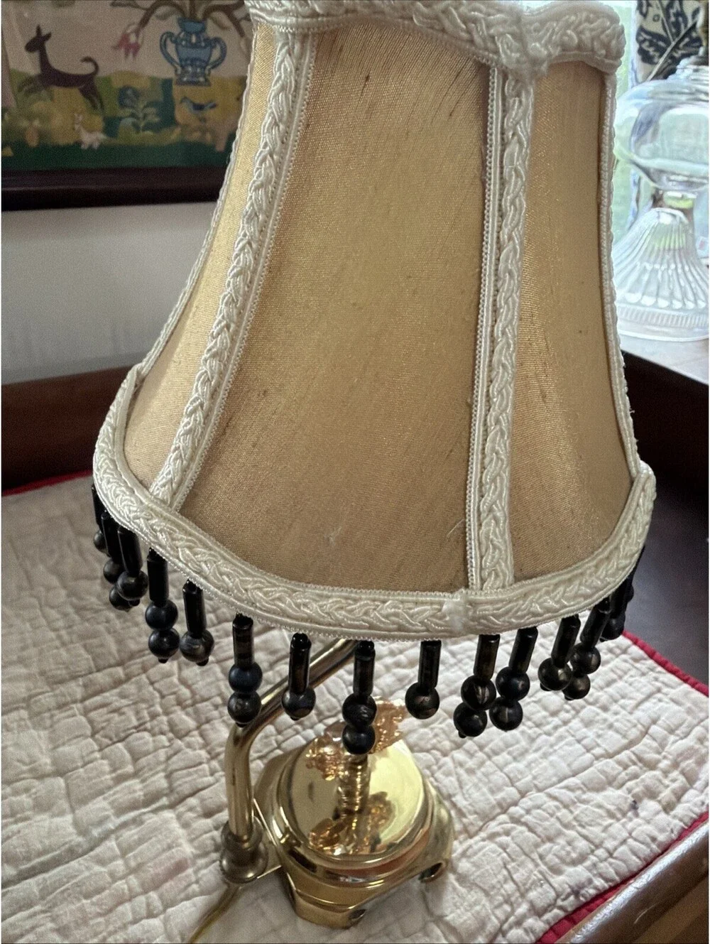 VTG Brass Table Lamp w/ Crystal Rabbit Figure Cottage Beaded Shade Shabby Chic